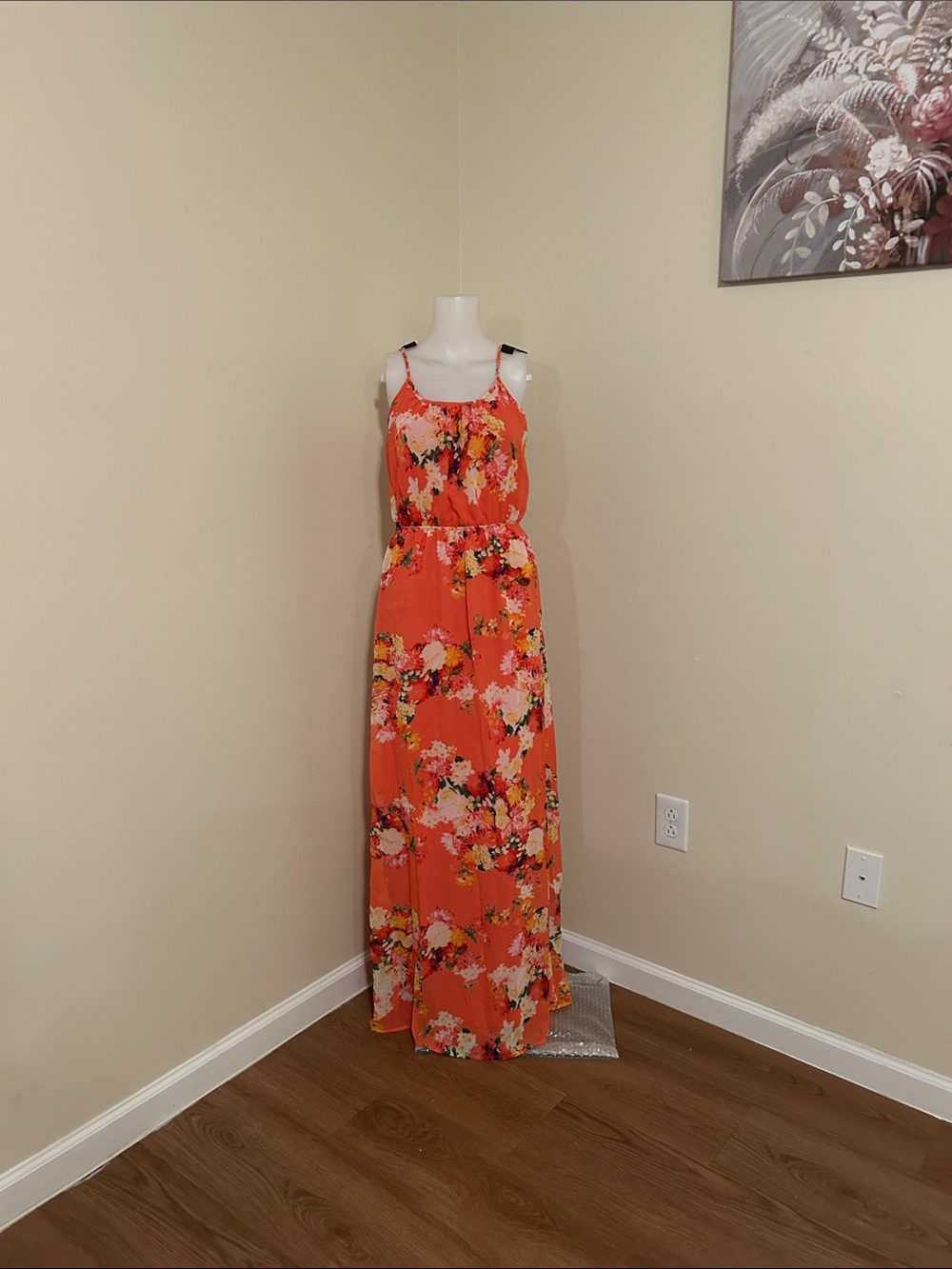 Coral Floral Maxi Dress with Spaghetti Straps